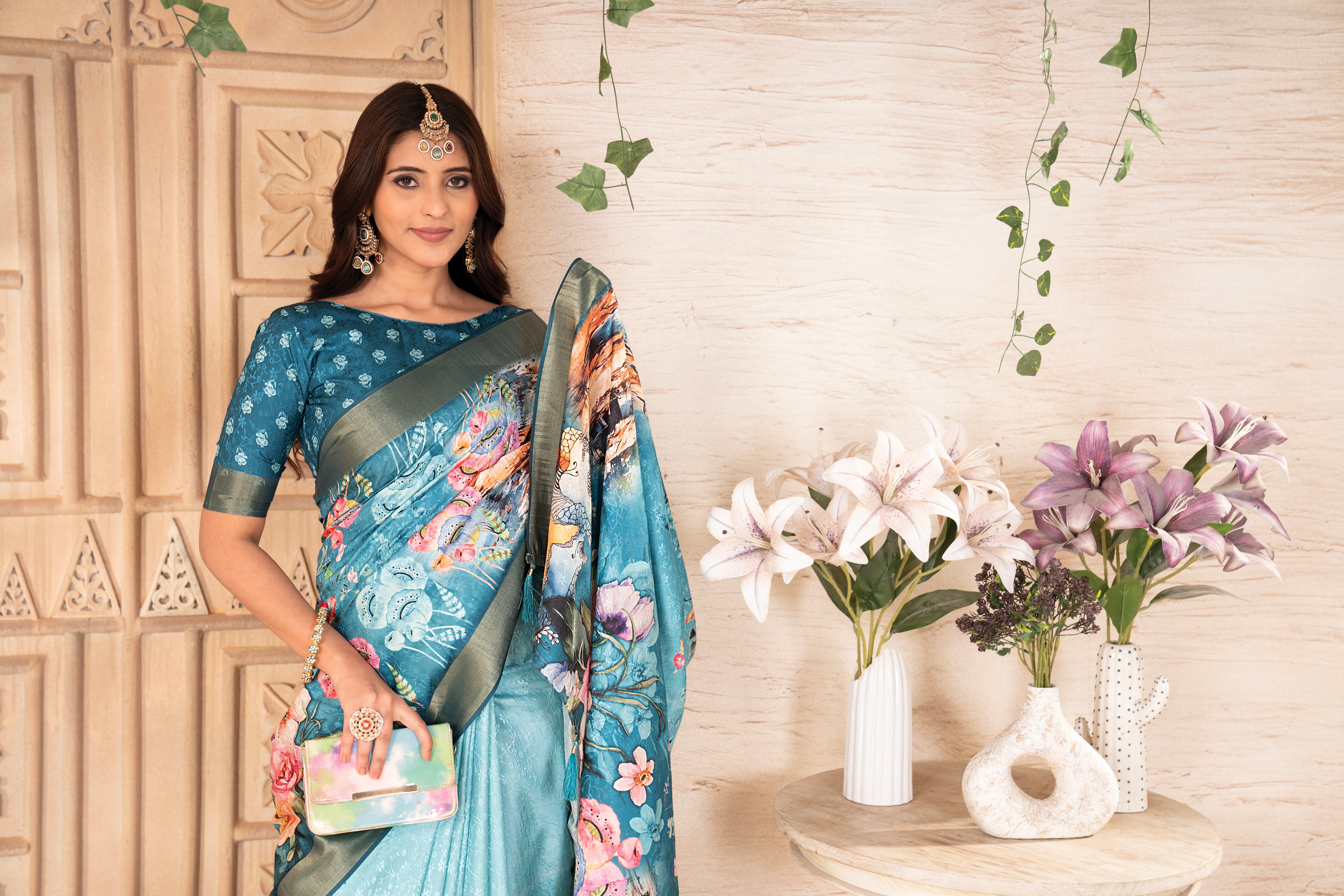 Rama Blue Tussar Silk Floral Saree